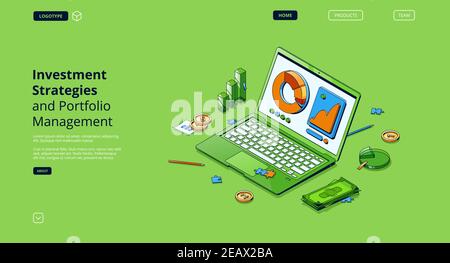 Anlagestrategien und Portfoliomanagement isometrische Landing Page. Laptop mit Datengraphen und -Diagrammen, Münzen und Geldscheinen. Einkommensberechnung, Ertragsanalyse 3D Vektor-Linie Kunst Web-Banner Stock Vektor