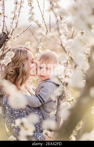 Nahaufnahme Porträt der jungen Mutter mit kleinen blonden Sohn, der umarmt, Frau küsst Jungen mit mütterlicher Liebe zwischen den blühenden Gärten der weißen Blüte Stockfoto