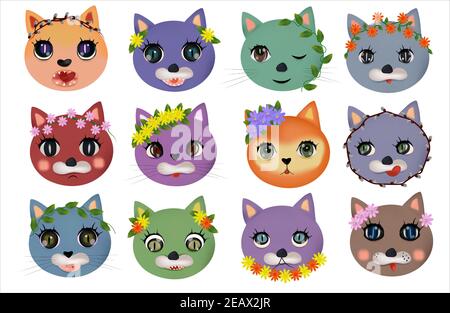 Lustige niedliche Katzen Gesichter mit verschiedenen Emotionen mit Frühling Blume. Bunte Katzen glücklich, traurig, verrückt, fröhlich. CAT-Zeichen. Vektorgrafik Stock Vektor