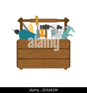 Volle Werkzeugkiste mit Werkzeugen. Werkzeugkiste aus Holz. Hammer und Bohrer. Schraubenschlüssel und Messschieber. Schraubendreher und Bürste. Stock Vektor