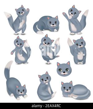 Lustige niedliche Katzen mit verschiedenen Emotionen.Fröhlich Hauskatzen verschiedenen Posen. Graue Cat-Zeichen. Vektorgrafik. Stock Vektor