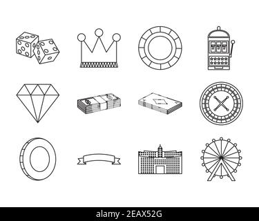 Diamant und Casino-Symbol auf weißem Hintergrund, Linienstil, Vektor-Illustration gesetzt Stock Vektor