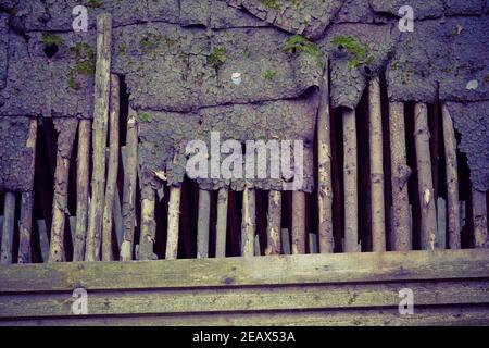 Nahaufnahme der Holzfassade eines bedeckten Häuschens Mit Moos Stockfoto