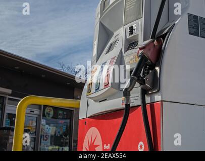 Gaspumpen, genauer betrachtet, Shell. Stockfoto