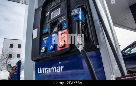 Gaspumpen, genauer betrachtet, Ultramar. Stockfoto