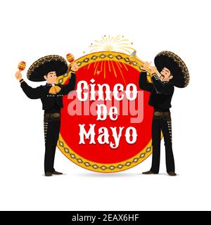 Cinco de Mayo Vektor-Symbol mit Mariachi-Band. Mexikanische Musiker in Sombrero und Nationalkostümen spielen Trompete und Maracas bei Round Label mit Tippfehler Stock Vektor