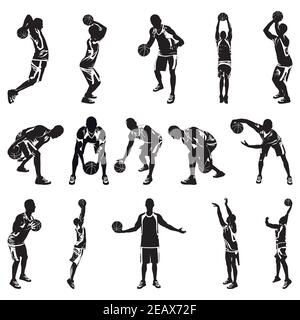 Basketball-Spieler Silhouetten, Vektor-Illustration. Dribbeln, hüpfen, vorbei, Ball schießen, Freiwurf, Slam Dunk. Stock Vektor