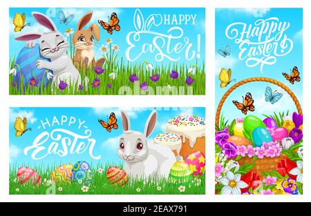Frohe Ostern Vektor Banner, Cartoon Hasen mit bemalten Eiern auf Wiese mit grünen Grashalmen, Blumen, festliche Kuchen und Korb mit Blüten. Eas Stock Vektor