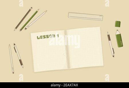 Vektordarstellung Notizbuch oder Übungsheft mit Punkten für zusammenfassende Notizen für Modellbau oder Start von etwas Hobby, Bildung, Stift, Bleistift, Marker, Lineal sind auf dem Tisch im Raum. Lektion Nummer eins ist geschrieben Stock Vektor