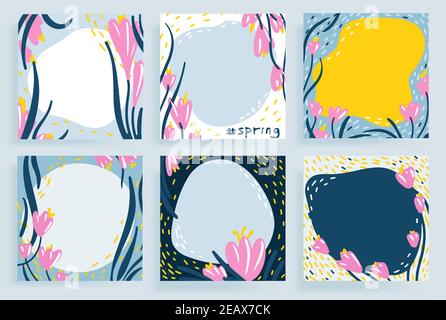 Social Media Vorlage floral Frühling Muster Hand gezeichnet Doodle Stil vektorgrafik Stock Vektor
