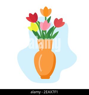Vase mit Blumen. Bunte Tulpen. Isoliertes flaches Design. Frühlingsblüte. Stock Vektor
