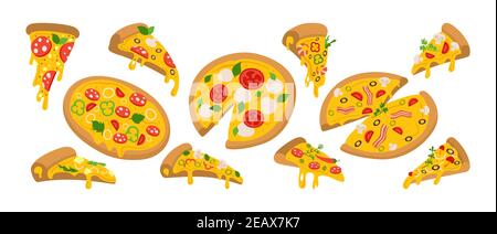 Pizza Scheiben Cartoon-Set. Pizzateile für italienische Retro-Speisekarte. Margarita und hawaiian, Pepperoni oder Meeresfrüchte, mexikanische Sammlung. Handgezeichnete Pizza mit Gemüse, Pfeffer, Tomaten, Oliven. Vector Kollektion Stock Vektor