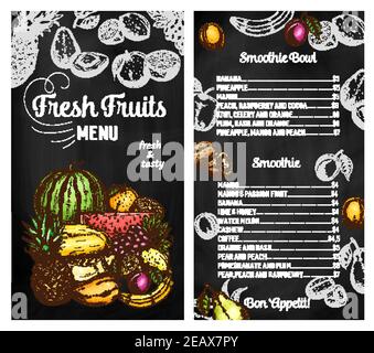 Frisches Obst Vektor Skizze Menü für Smoothies natürliche Getränke. Banane, Ananas und Mango, Pfirsich, Himbeere und Kakao, Pflaume, Basilikum und Orangengetränk Stock Vektor