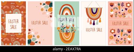 Boho Osterkonzept Design, Story Template und Banner Set mit Hasen, Eiern, Blumen und Regenbogen in Pastell- und Terrakotta-Farben, flacher Vektor Stock Vektor