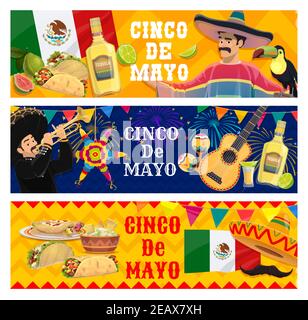 Cinco de Mayo Vektorbanner. Mariachi Musiker in Sombrero Trompete spielen. Mexikanische Lebensmittel Tortilla, Guacamole und Nachos, Burrito und Tequila mit Lim Stock Vektor