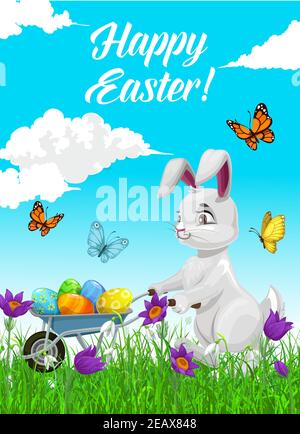 Frohe Ostern Urlaub Vektor-Poster mit weißen Kaninchen schieben Schubkarre voller verzierten Eier. Grußkarte mit niedlichen Cartoon Hase und Schmetterlinge Stock Vektor