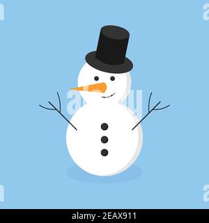 Winter Schneemann Vektor Illustration Symbol. Saisonal, Urlaub, weihnachten Schneemann mit Karottennase, Augen, Knöpfe, Ast Arme und Hut. Isoliert auf blau b Stock Vektor