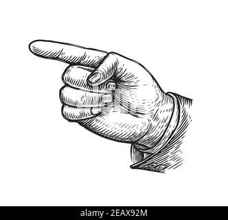 Hand zeigt oder zeigt Richtung zeigt Finger retro Stil. Vintage-Vektorgrafik Stock Vektor