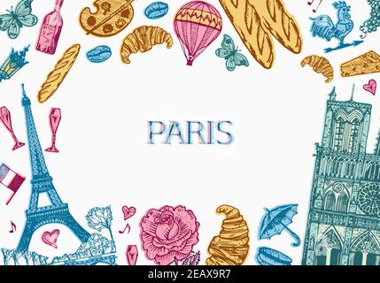 Paris Hintergrund im Vintage Retro Stil. Frankreich Plakat oder Banner, eiffelturm und Gebäude. Retro-Doodle-Elemente. Handgezeichnete Retro-Skizze mit Gravur Stock Vektor