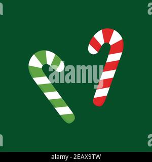 Weihnachten Süßigkeiten Stöcke Vektor Illustration Symbol. Festliche, traditionelle, saisonal süß gestreifte Candy Sticks, isoliert auf grünem Hintergrund. Stock Vektor