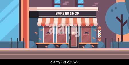 Moderner Friseurladen leer keine Leute Stadtgebäude Fassade Vorderansicht Barbershop Konzept horizontale Vektor-Illustration Stock Vektor