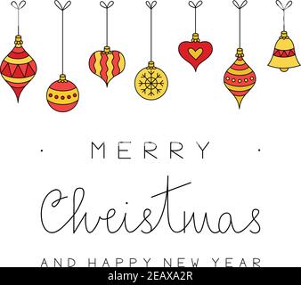 Frohe Weihnachten und glückliches neues Jahr Vektor-Illustration. Handgezeichnete weihnachtsgrußkarte mit Weihnachtskugeln, roten und goldenen Ornamenten, die darauf hängen Stock Vektor