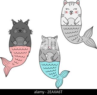 Niedliche Meerjungfrau Katze Vektor Illustration Set. Hand gezeichnet umrissene Meer, Unterwasser-Katzenkollektion. Isoliert. Stock Vektor