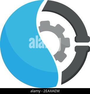 Klempnerarbeit Vektor Illustration Grafik buntes Symbol. Wassertropfen und Rohre mit Zahnrad innen. Firmenzeichen für Kanalisationsanlage. Isoliert. Stock Vektor