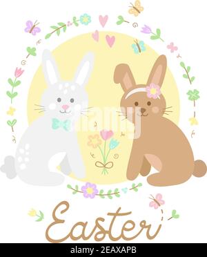 Ostern niedlichen Hasen Vektor Illustration Grafik. Hand gezeichnete Frühlingskaninchen verliebt, nebeneinander sitzend mit Blumen und Schmetterlingen im Kreis Stock Vektor