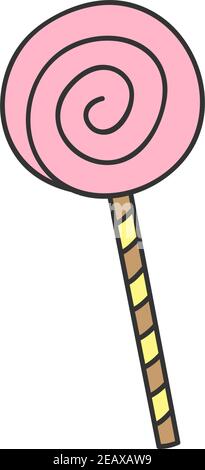 Lollipop Süßigkeiten Vektor-Illustration. Süßes rosa gedrehtes Lolly auf Stock. Handgezeichnetes isoliertes, umrissene Symbol, Aufkleber. Stock Vektor