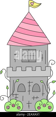 Prinzessin Turm niedlichen Vektor Illustration. Handgezeichnete isolierte umrissene Turmhaus-Ikone, Aufkleber mit wilder Rose, Kletterbusch. Stock Vektor