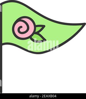 Flagge mit Rose Vektor Illustration. Einfache grüne Flagge mit Symbol der Rosenblume. Prinzessin, Märchen niedliche Dekoration für Geburtstag oder Tee-Party. Hand Stock Vektor