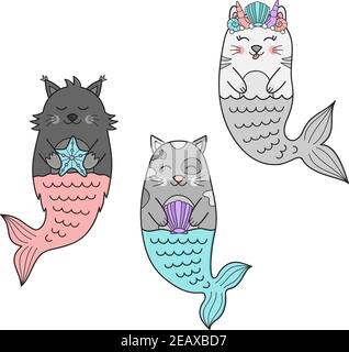 Niedliche Meerjungfrau Katze Vektor Illustration Set. Hand gezeichnet skizzierten Unterwasser Katze hält Meer Objekte Sammlung. Isoliert. Stock Vektor