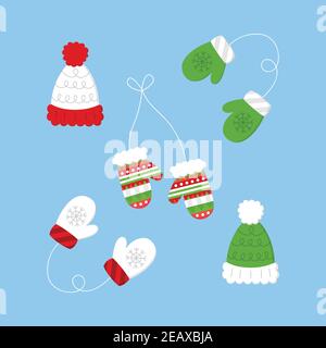 Winter Strickmode, Kleidung, Bommel Hut und Fäustlinge Vektor Illustration. Urlaub, saisonal, dekoriert Fäustlinge und Hüte Icon-Set, isoliert auf blauen Hintergro Stock Vektor