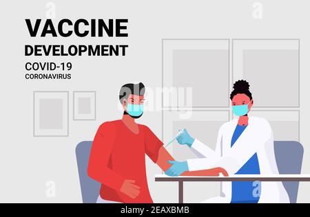 Ärztin in Maske impfen männlichen Patienten Kampf gegen Coronavirus Konzept der Impfstoffentwicklung Portrait horizontale Vektordarstellung Stock Vektor