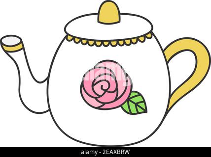 Vektorgrafik Teekanne. Weiße Teekanne mit Rose und Gold Details. Handgezeichnetes isoliertes Topfsymbol, Aufkleber. Stock Vektor