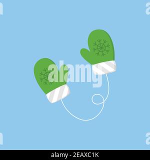 Niedliche Fäustlinge Vektor Illustration Symbol. Winter, weihnachten, saisonal, Strickhandschuhe, grün-weißer Fäustling mit Schneeflocke an Schnur. Stock Vektor