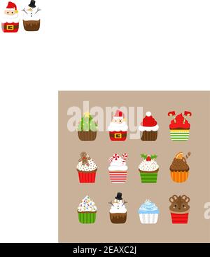 Weihnachten Cupcakes Vektor Illustration Symbol Sammlung. Festlich geschmückte Cupcakes mit Zuckerguss. Weihnachtsfiguren, Süßigkeiten und Dekorationen Stock Vektor