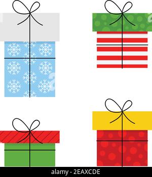 Weihnachten verpackt Geschenke Vektor Illustration. Cute festliche, saisonale Weihnacht-Boxen, Satz von Geschenk-Icons, isoliert. Stock Vektor