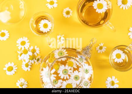 Drei Tassen Tee und transparente Teekanne mit Kamillenblüten auf gelbem Hintergrund. Kamille Tee Vorteile Ihr Gesundheitskonzept. Draufsicht Flat Lay. Stockfoto