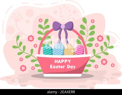 Happy Easter Day Flat Design Illustration Hintergrund für Poster, Einladung und Grußkarte. Kaninchen und Eier Konzept. Stock Vektor