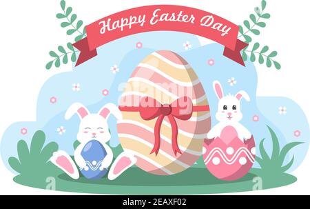 Happy Easter Day Flat Design Illustration Hintergrund für Poster, Einladung und Grußkarte. Kaninchen und Eier Konzept. Stock Vektor