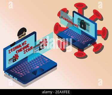 Betrug Betrug und Ransomware Auswirkungen auf Menschen rund um die Welt in Testzeit aufgrund der Covid 19 Pandemie Stock Vektor