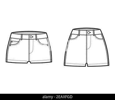 Set von Denim Hot Shorts Hose technische Mode-Illustration mit Micro mini Länge, normal niedrig Taille, hoch tief Bund, Münze, gewinkelt 5 Taschen. Flache Unterseite Schablone vorne, weiße Farbe. Frauen CAD-Modell Stock Vektor