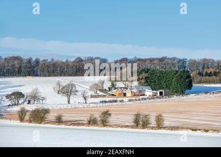 Farm in den cotswolds im Schnee. Cotswolds, Gloucestershire, England Stockfoto