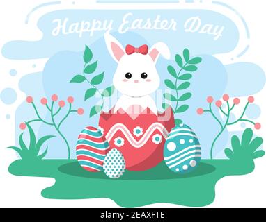 Happy Easter Day Flat Design Illustration Hintergrund für Poster, Einladung und Grußkarte. Kaninchen und Eier Konzept. Stock Vektor