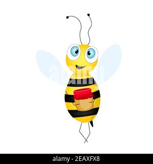 Cartoon niedliche Biene Maskottchen. Eine fröhliche Biene mit einem Glas Honig.. Kleine Wespe. Vektorzeichen. Insektensymbol. Design-Vorlage für Einladung, Grußkarte Stock Vektor