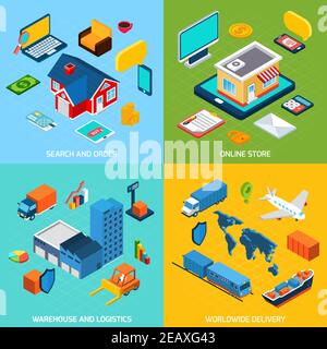 Online-Shop und Lieferung Design-Konzept mit Suchauftrag gesetzt Lager und Logistik isometrische Symbole isoliert Vektor-Illustration Stock Vektor