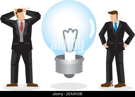 Geschäftsleute mit einer unbeleuchteten Glühbirne. Konzept, keine Ahnung für ihr großes Projekt zu haben. Vektorgrafik. Stock Vektor