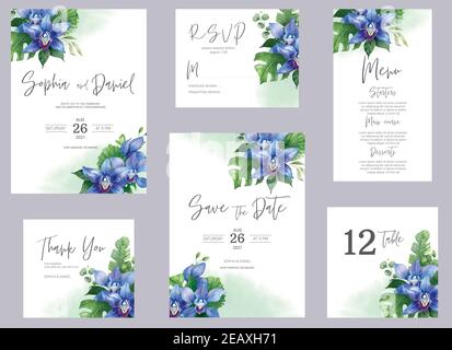Aquarell Hochzeit Einladungskarten. Blumenposter, Einladung. Elegante Hochzeitseinladung mit wasserfarbenen floralen Elementen Stockfoto